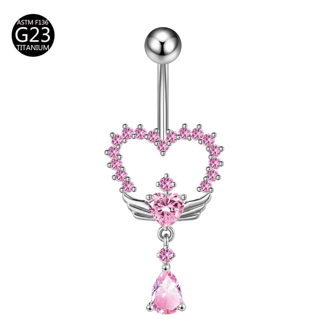 Fuchsia belly button piercing with bow, pendant drop-shaped, European style