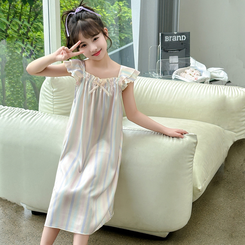 Sweet Parent-Child A-Grade Silk Ice Dress for Girls, 2024 Summer New Arrival Sweet Striped Tank Top Pajama Dress