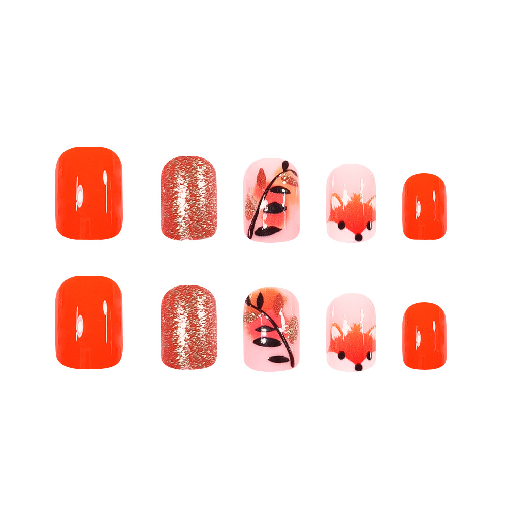 Ventas transfronterizas en caliente encantadoras uñas de zorro otoño ramas de polvo naranja para usar un parche de uñas 24 piezas de parche de uñas falsas image 5