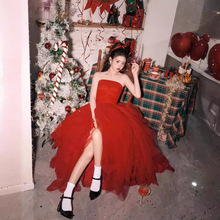 影楼新款红色纱裙少女生日画报圣诞节主题艺术照个人写真摄影服装