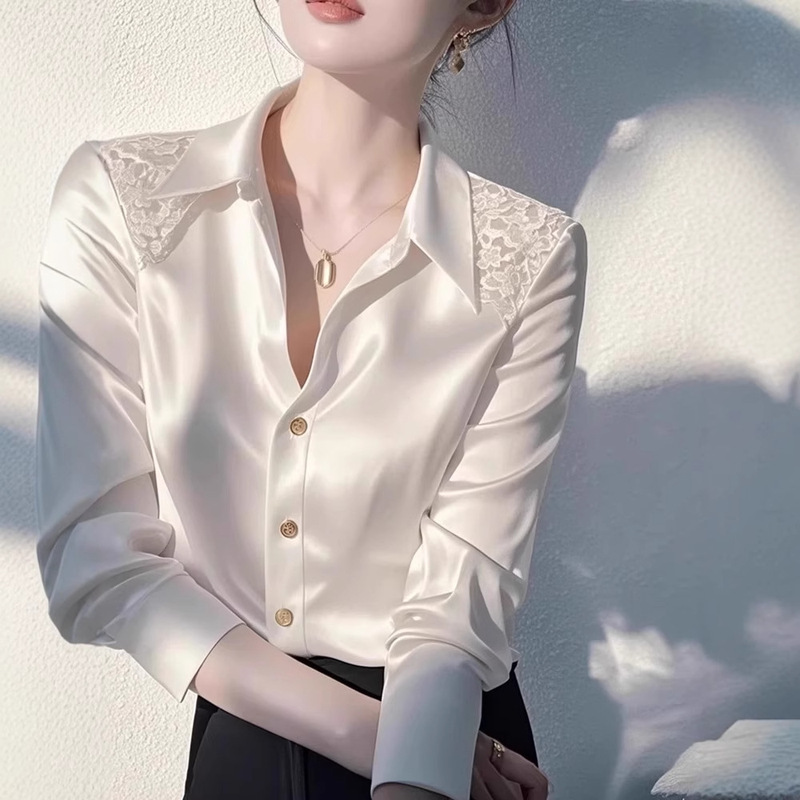French Light Luxury Satin White Shirt, Feminine Spring Lace Splicing Shirt, Long-Sleeved Top with Design