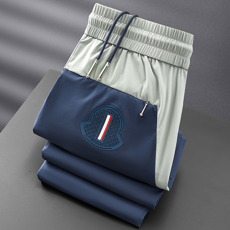 Light Luxury Ice Silk Sliding Quick-drying Sports Pants Men's Slim-fit Summer Thin Color-matching Leg Embroidered Casual Sweatpants for Men