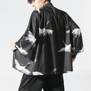 2024 Summer new Chinese style men's clothing crane Willow Yang Hanfu cardigan cloak men's Japanese style plus size trendy kimono
