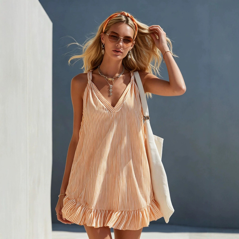 European and American Cross-Border Independent Website Summer Women's New V-Neck Sleeveless Striped Strap Loose Ruffle Dress