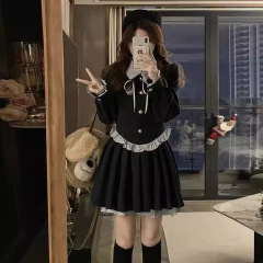 纯欲甜美学院风连衣裙女2025秋冬新款收腰显瘦假两件撞色拼接短裙