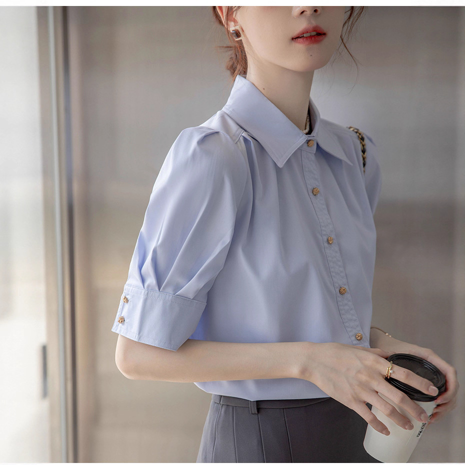 2025 夏フレンチパフスリーブ通勤半袖トップブルー女性面接フォーマルウェアプロフェッショナル