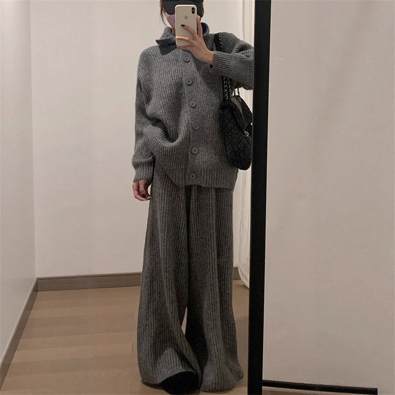 韩系纯色休闲翻领针织套装女秋冬装跨境宽松慵懒毛衣阔腿裤两件套|undefined