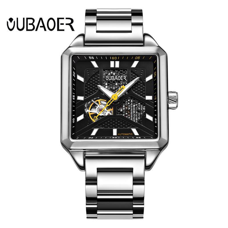 Oubaoer reloj mecánico automático reloj de hombre de moda hueco impermeable banda de acero reloj cuadrado 2003A