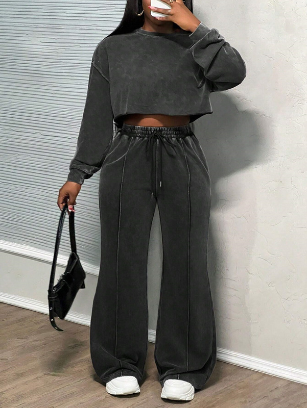 2025 春と秋の新アマゾンヨーロッパとアメリカの貿易婦人服ファッション長袖スポーツとレジャーウォッシュスウェットシャツスーツ|undefined