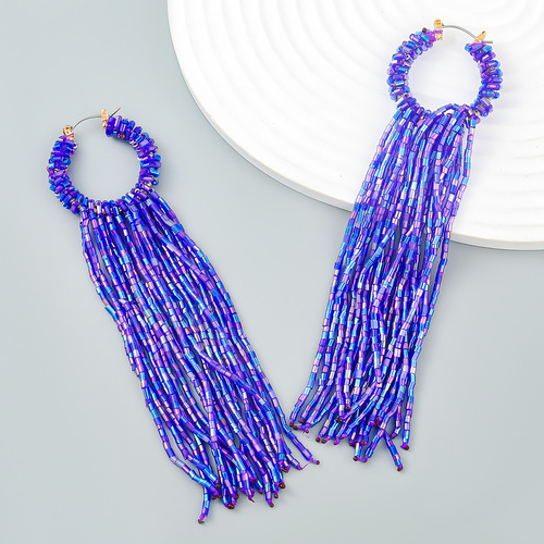 跨境时尚复古潮流玻璃管编织长款流苏耳环女欧美波西米亚民族耳饰