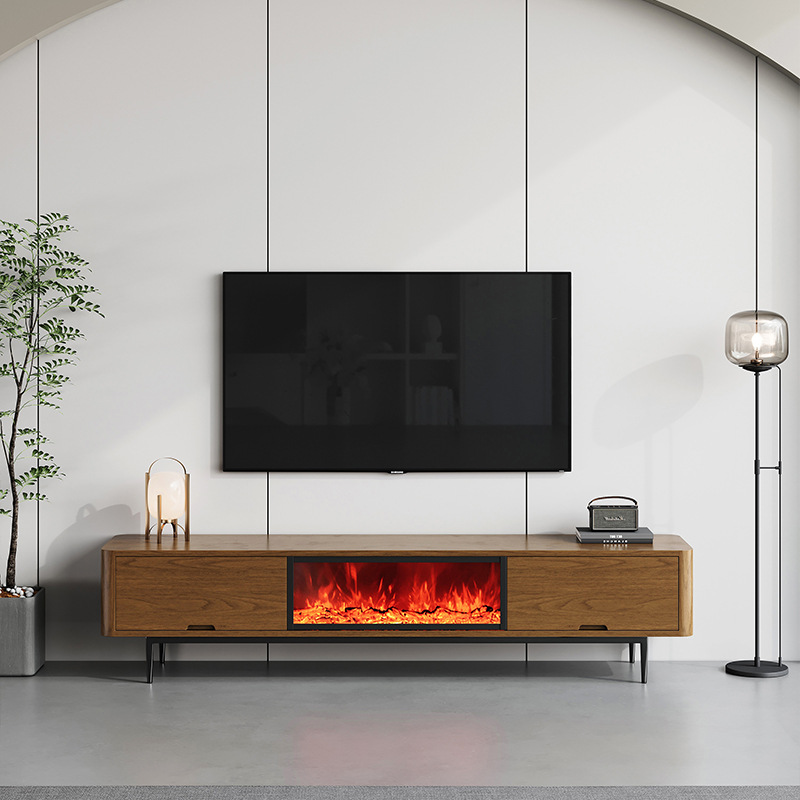 Walnut Color Retro Style Embedded Fireplace Floor TV Cabinet Simulation Flame False Fire Electronic Stove Decorative Floor Cabinet