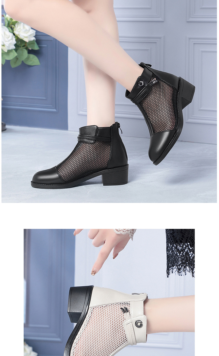 Boot nữ da thật cổ thấp gót vuông 5 cm đế êm, kiểu hở mũi lưới thoáng khí — màu be chi tiết 11
