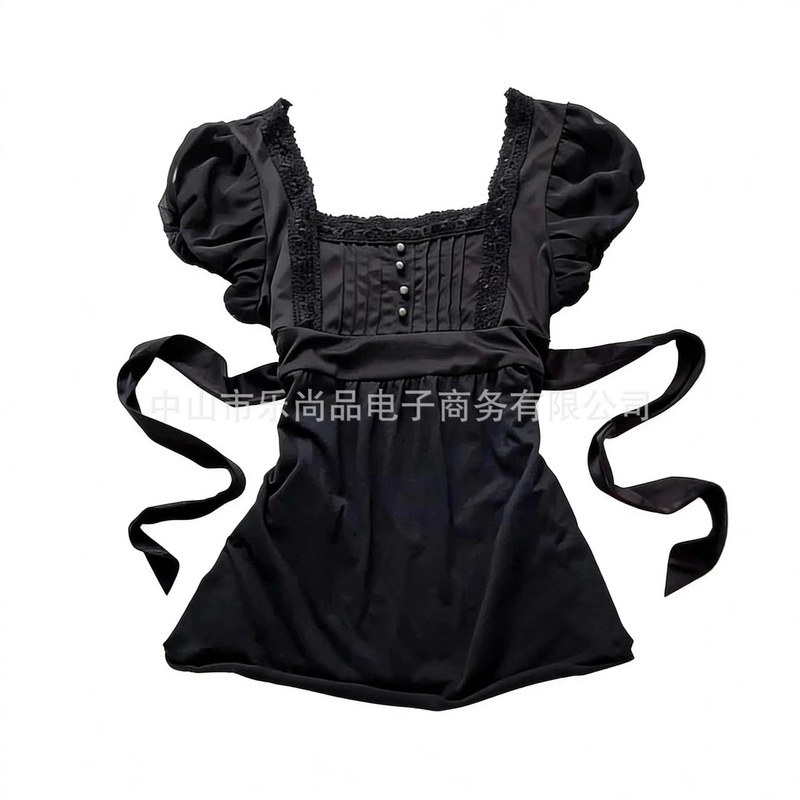 Sweet Girl Style Black Lace Patchwork Square Neck Puff Sleeve Pearl Button Slimming T-Shirt Top for Women for Everyday Wear Sweet Girl Style Black Lace Patchwork Square Neck Puff Sleeve Pearl Button Slimming T-Shirt Top for Women for Everyday Wear