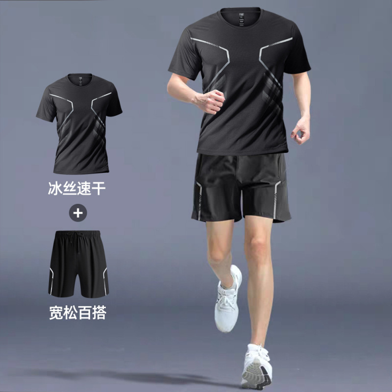 速乾性 Tシャツメンズスポーツスーツルーズアイスシルクランニングスーツカップル夏のアウトドアフィットネススーツ半袖スーツ|undefined