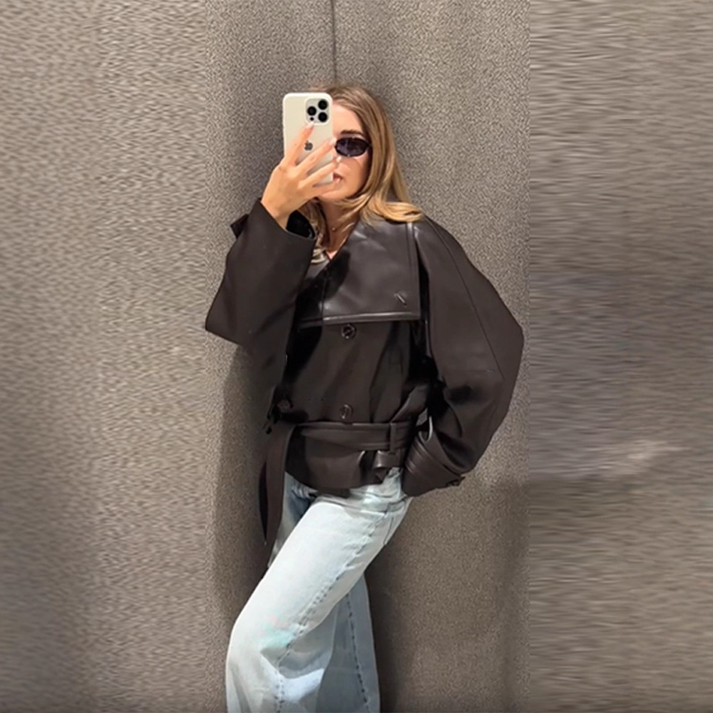 European and American Cross-Border 2025 New Double-Breasted Short Lace-Up Leather Jacket Fashionable Large Lapel Belt Short Leather Jacket for Women