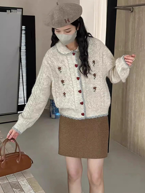 手工花朵刺绣polo领针织开衫女2025秋冬新款韩系甜美百搭毛衣外套|undefined
