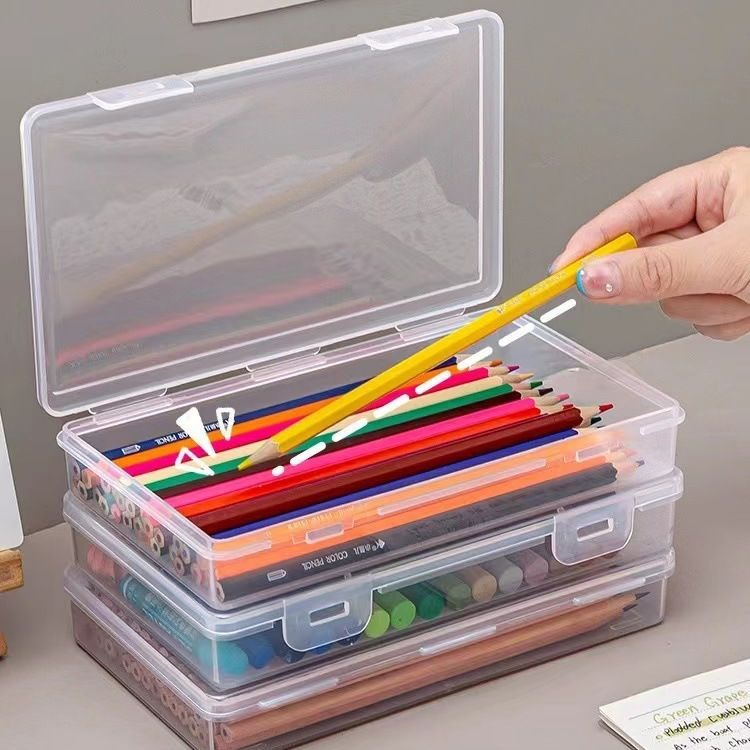 Caja de almacenamiento de lápiz de papelería transparente de gran capacidad caja de almacenamiento de plástico de plomo de color para niños caja de dibujo de lápiz