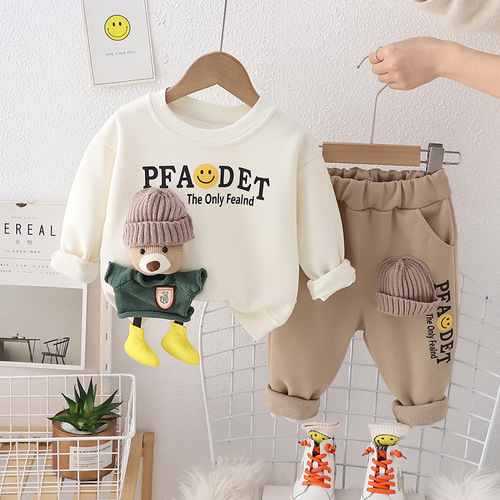 Children's Spring Outfit 2024 New Design Cartoon 3D Bear Sweatshirt Set for Little Boys Trendy Two-Piece Set