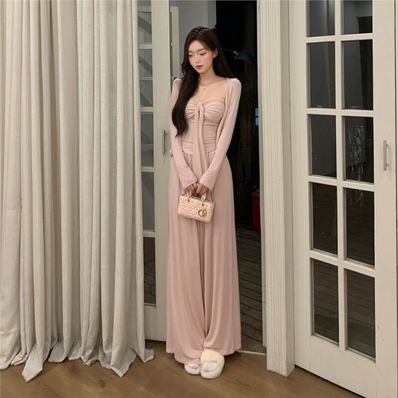 粉色吊带背心开衫阔腿裤三件套女夏韩系包臀半身裙温柔风套装ins|undefined