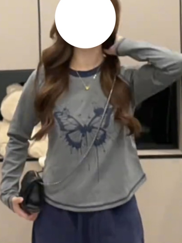 大码女装复古插肩长袖t恤打底衫秋季新款胖MM设计感时尚显瘦上衣|undefined