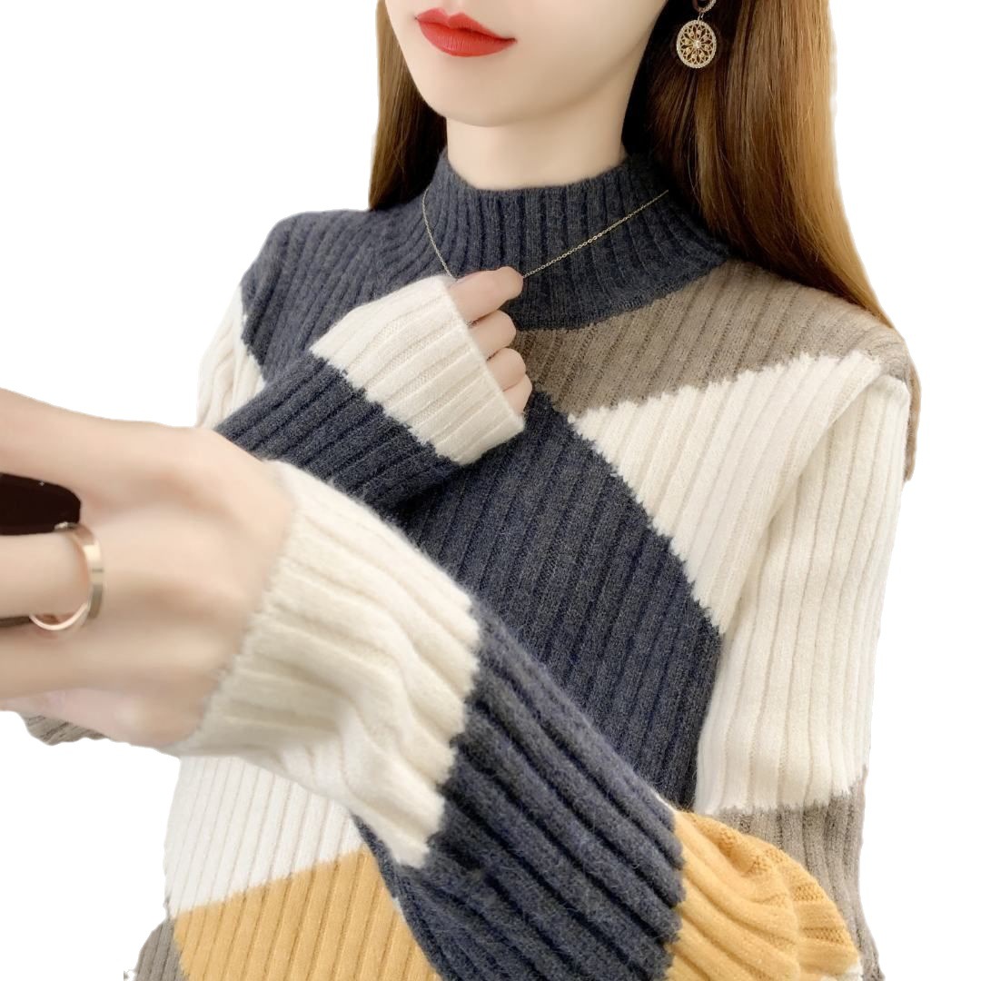 【 Famille Cachemire 】 Pull tricoté pour femme à col semi-haut et à manches courtes, style ample, à base de laine_voghion.com