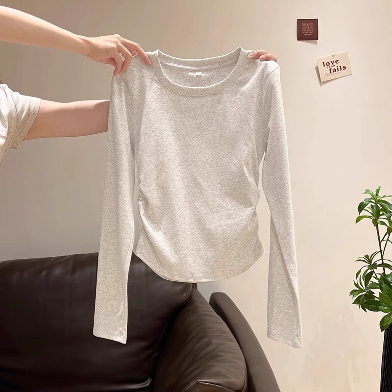 Sweet and Spicy Round Neck Long-Sleeve T-Shirt for Women, Autumn and Winter, Pleated Waist-Cinching Slim-Fit Top, Base Layer Sweet and Spicy Round Neck Long-Sleeve T-Shirt for Women, Autumn and Winter, Pleated Waist-Cinching Slim-Fit Top, Base Layer