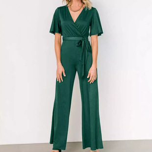 European and American Cross-Border Women's Clothing in Stock on Aliexpress and Amazon, Casual Solid Color Short-Sleeve Belted Jumpsuit, Loose Fit