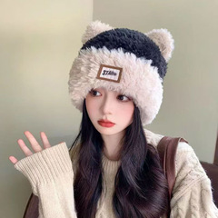 冬季毛绒帽女网红百搭小熊帽包头显脸小冷帽保暖大头围软糯绒绒帽