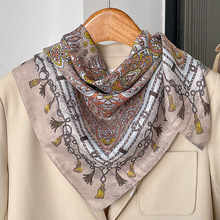 法式复古咖色油画亚麻丝巾女春秋夏季仿真丝围巾披肩70方巾配大衣
