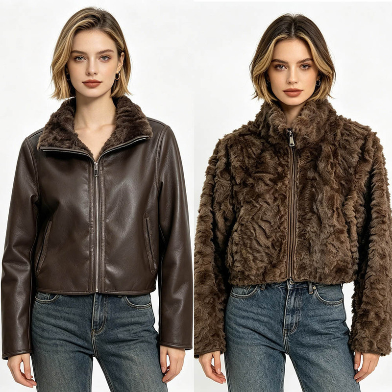 Cross-Border Faux Fur Coat for Women, Short Style for Petite Figures, Faux Fur Integrated Jacket, Slim-Fit Biker Jacket for Women