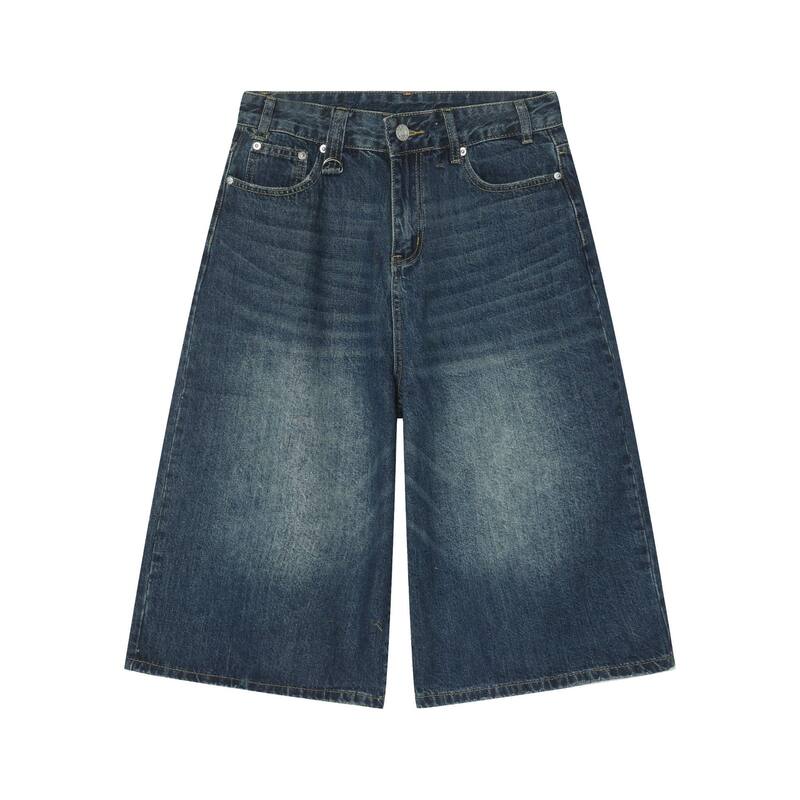 Quần short denim nam ống thẳng dáng suông giặt làm cũ — Denim thô màu xanh, Làm cũ, Màu trắng, Màu đen thô