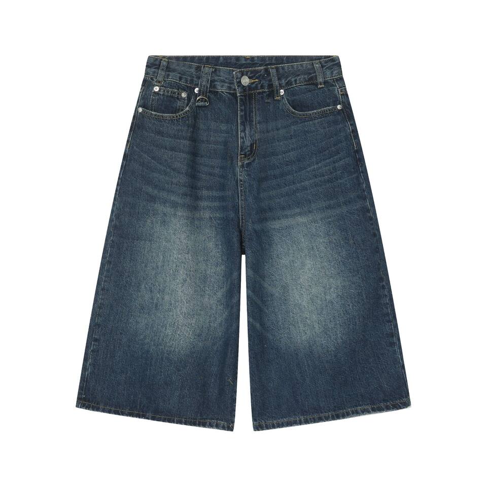 Quần short denim nam ống thẳng dáng suông giặt làm cũ — Denim thô màu xanh, Làm cũ, Màu trắng, Màu đen thô