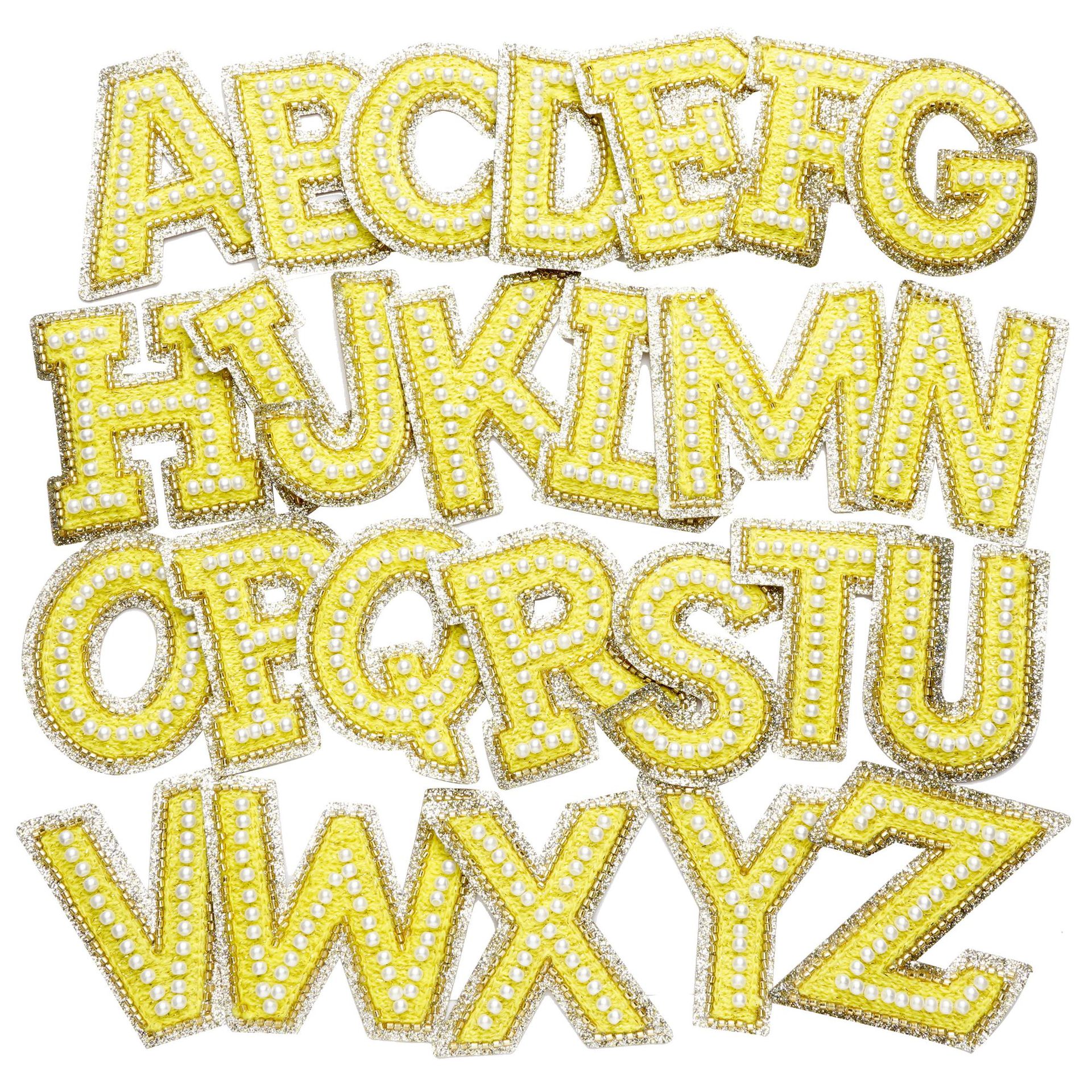 新款电脑绣黄色花标珍珠布贴英文字母刺绣布贴AZ字母刺绣贴补丁贴