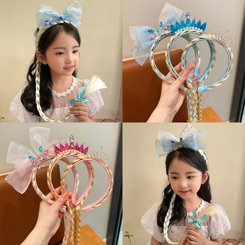Girls' Elsa Princess Hair Accessories Girls' Frozen Crown Headband Headwear Children's Wig Braid Bow Hairband