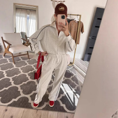 亚马逊欧美跨境休闲套装女纯色条纹长袖拉链开衫系带运动裤两件套