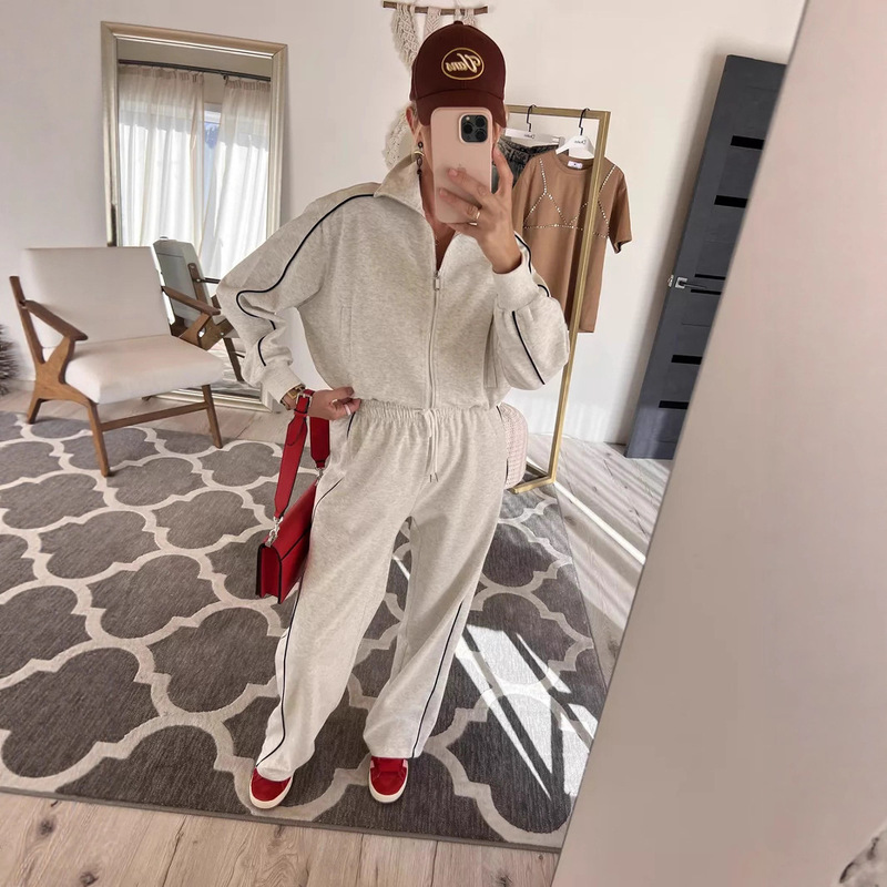 亚马逊欧美跨境休闲套装女纯色条纹长袖拉链开衫系带运动裤两件套|undefined