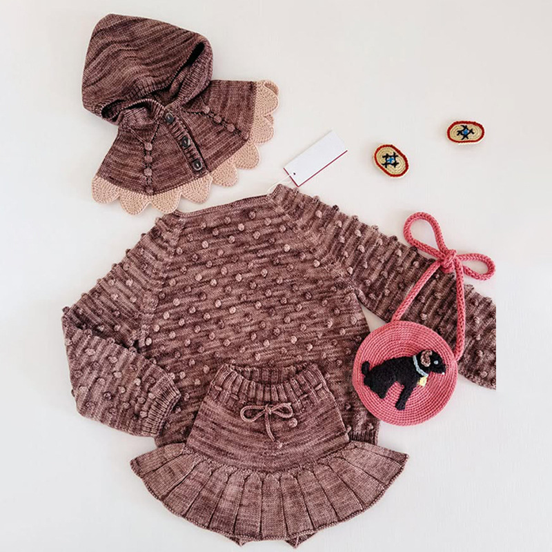 In Stock! Children's Knitwear 2025 Autumn and Winter Mp Series Girls Handmade Popcorn Knitwear Skirt Shawl Suit