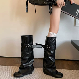 牛皮版~可拆卸裤管靴女皮带扣高筒骑士靴褶皱堆堆不过膝时尚长靴
