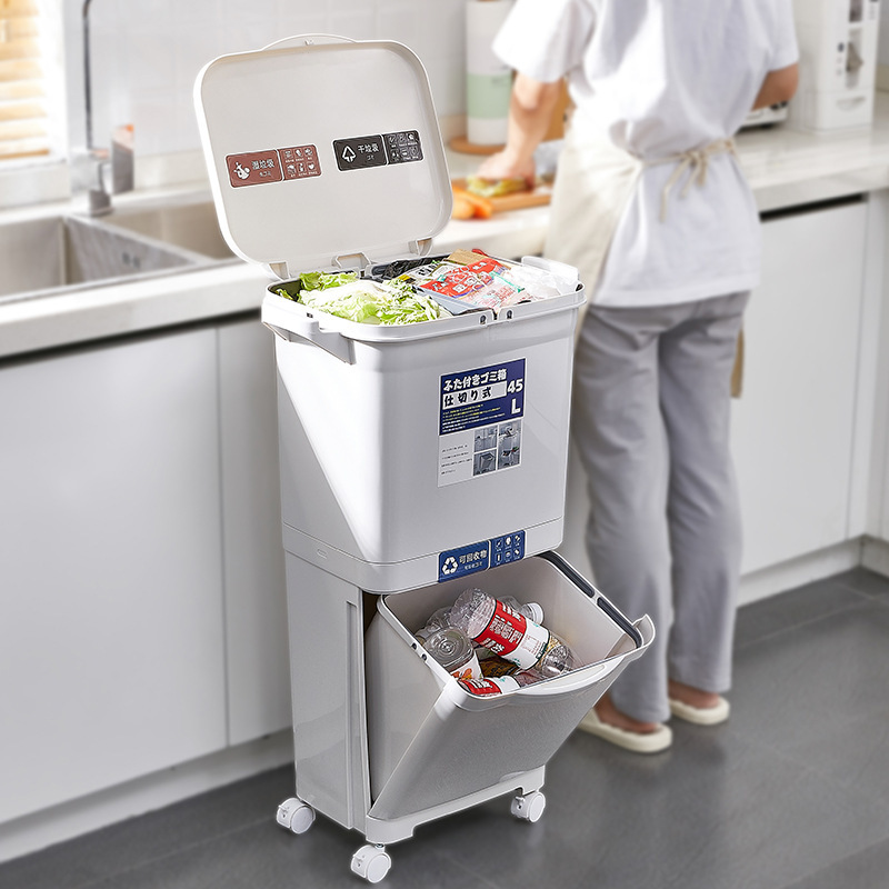 Kitchen trash can household 2025 with lid new large capacity double layer kitchen waste dry and wet separation classification Japanese cross-border