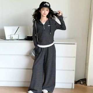 女童条纹卫衣套装秋装2026新款大童女孩儿童洋气时髦阔腿裤两件套