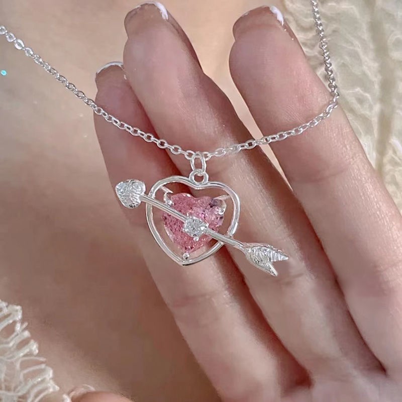 Cupid's arrow through the heart pink diamond necklace # Xl008