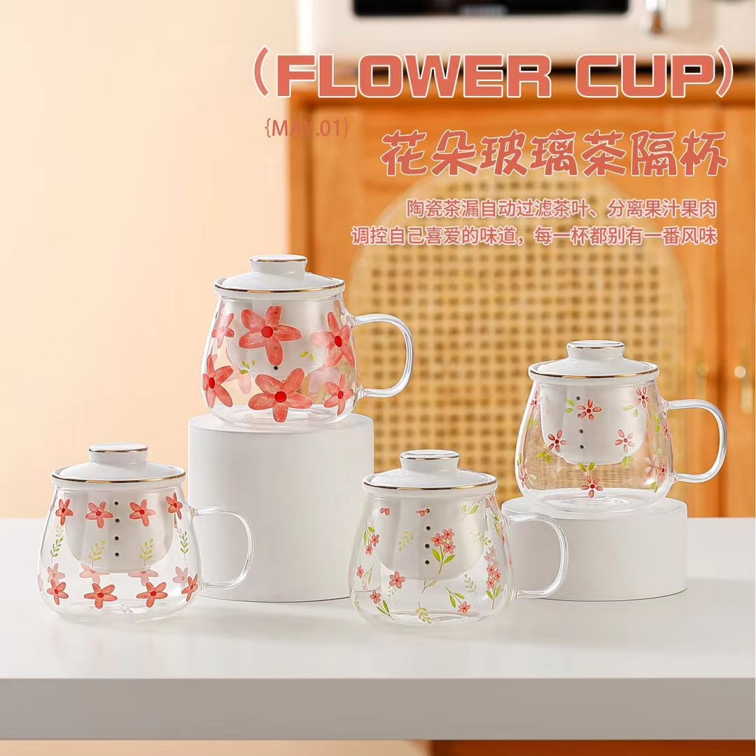 Corazón de niña creativa flor taza de té de vidrio de alto valor personal regalo de oficina taza de agua simple taza roja en línea
