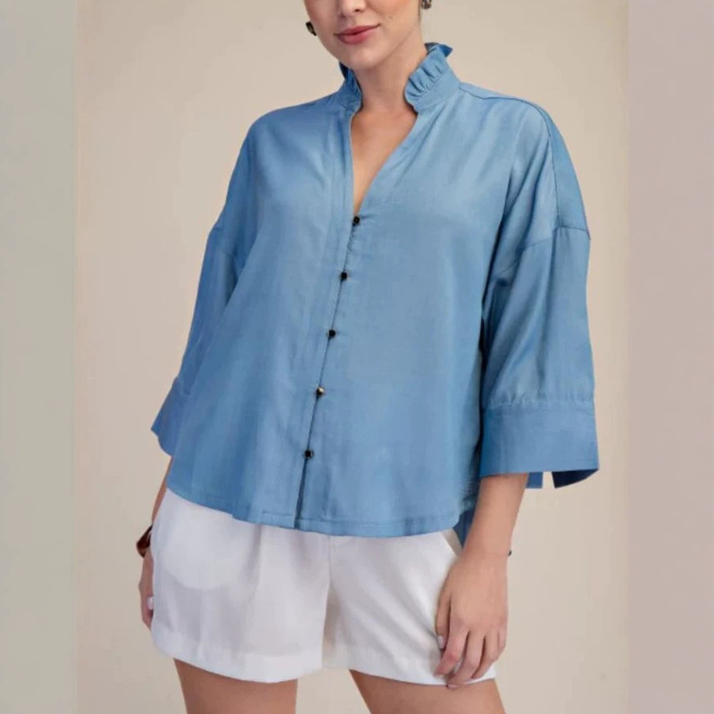 Sky Blue Stand-Collar Ruffled Shirt, Loose-Fitting Three-Quarter Sleeves, Single-Breasted Commuter Top, Fashionable Women's Clothing Sky Blue Stand-Collar Ruffled Shirt, Loose-Fitting Three-Quarter Sleeves, Single-Breasted Commuter Top, Fashionable Women's Clothing
