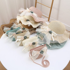 2024 New Butterfly Bow Mini Bag Beach Sand Sun Hat Set Children Grass Hat Spring Summer Sun Hat