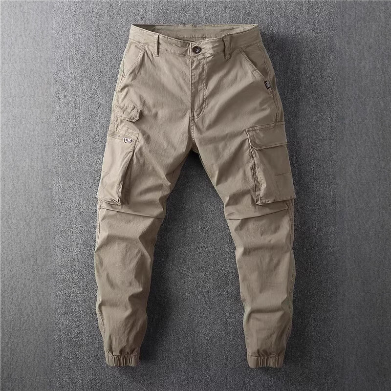 Men's Lightweight Work Pants Retro Slim Fit Cuffed Multi-Pocket Casual Jogger Pants