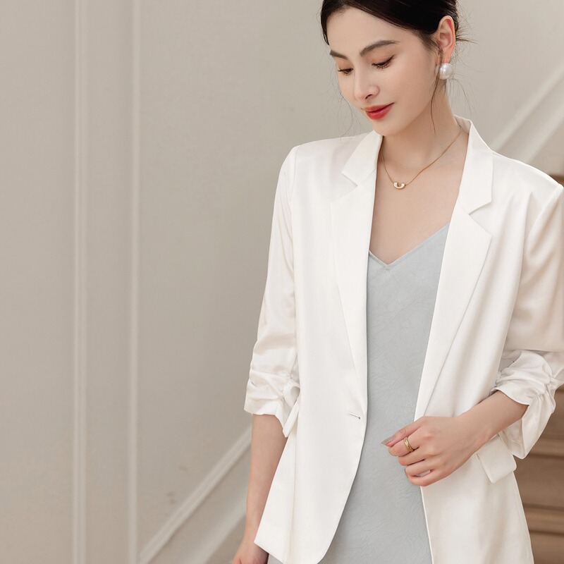 Endi Acetate Satin Three-Quarter Sleeve Blazer 2026 Spring/Summer High-End Versatile Solid Color Women's Suit Jacket