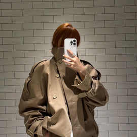 斜立领双排扣下摆收褶美拉德感短款风衣女2025秋季新款夹克潮