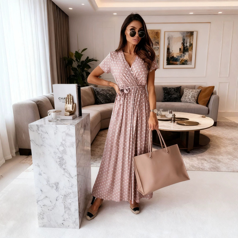 Ebay Amazon European and American Cross-Border Hot-Selling Summer Short-Sleeved V-Neck Bohemian Polka Dot Printed Long Dress Ebay Amazon European and American Cross-Border Hot-Selling Summer Short-Sleeved V-Neck Bohemian Polka Dot Printed Long Dress