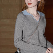 灰色长袖针织衫女2025年春秋新款名媛气质V领翻领小毛衣