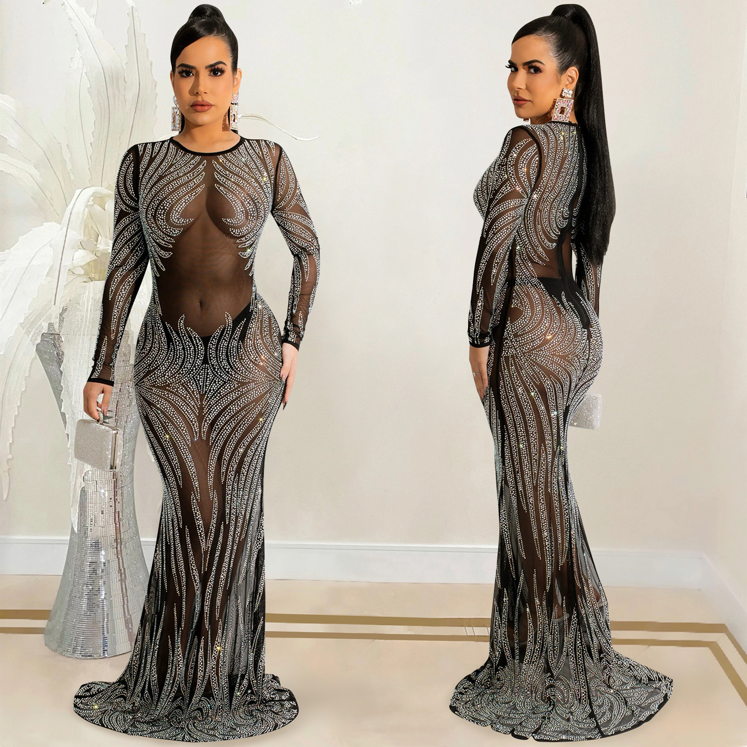 X5606 transfronterizo AliExpress Amazon club nocturno estilo sexy rhinestone malla perspectiva Vestido de manga larga vestido mujeres